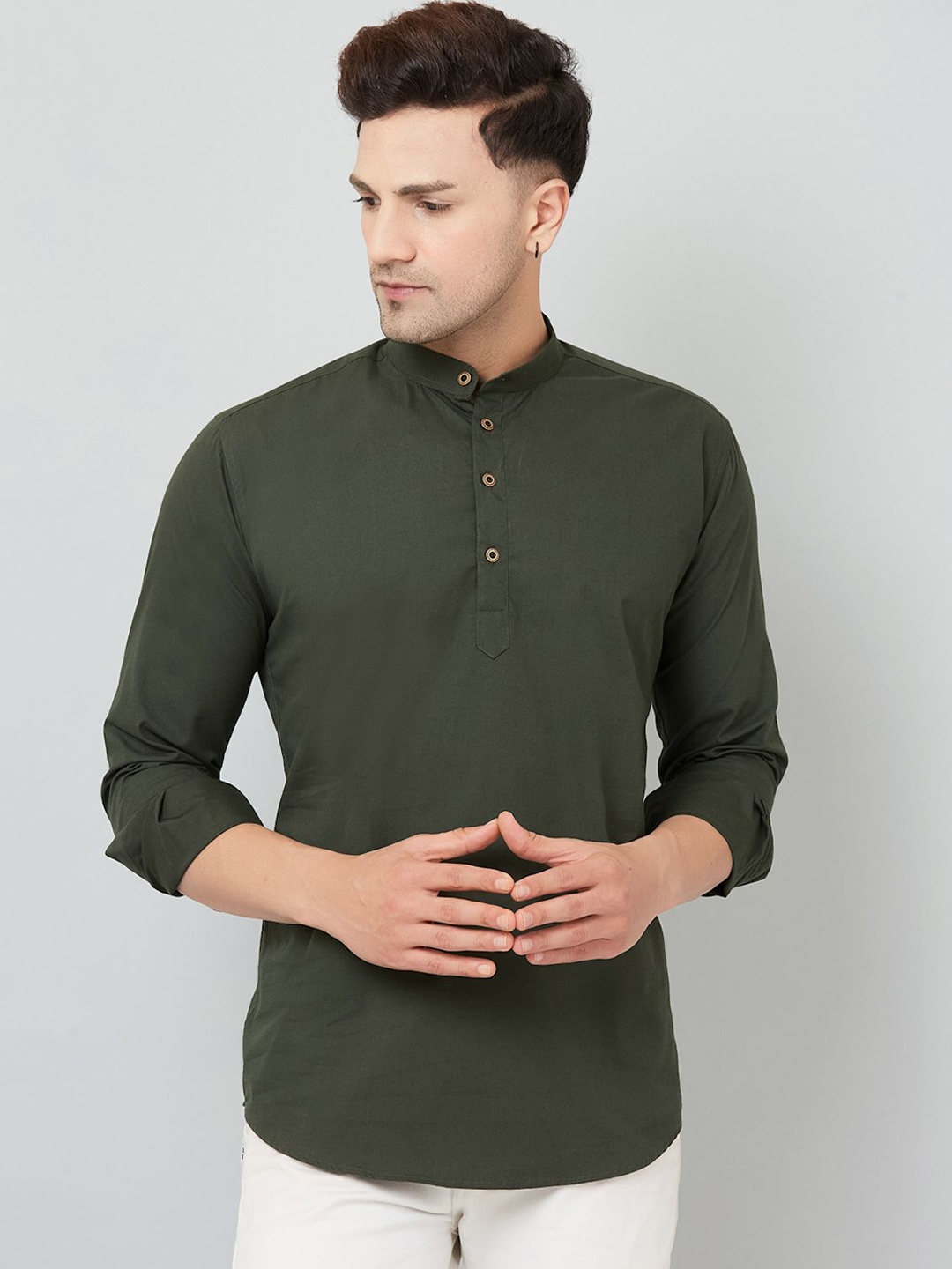 

Le Mec Band Collar Rolled-Up Sleeves Silm Fit Short Straight Pure Cotton Kurta, Green