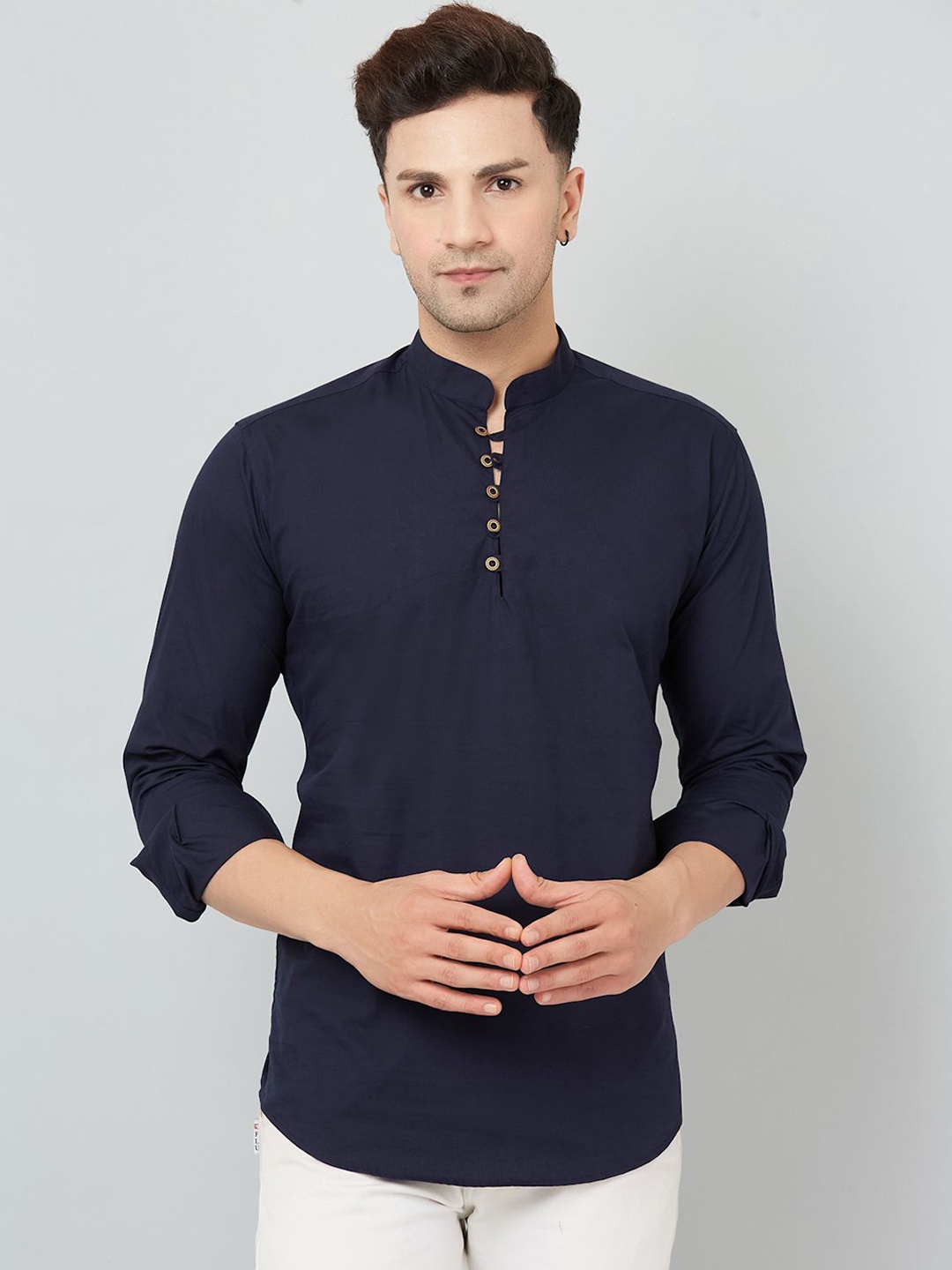 

Le Mec Mandarin Collar Rolled-Up Sleeves Silm Fit Short Straight Kurta, Navy blue