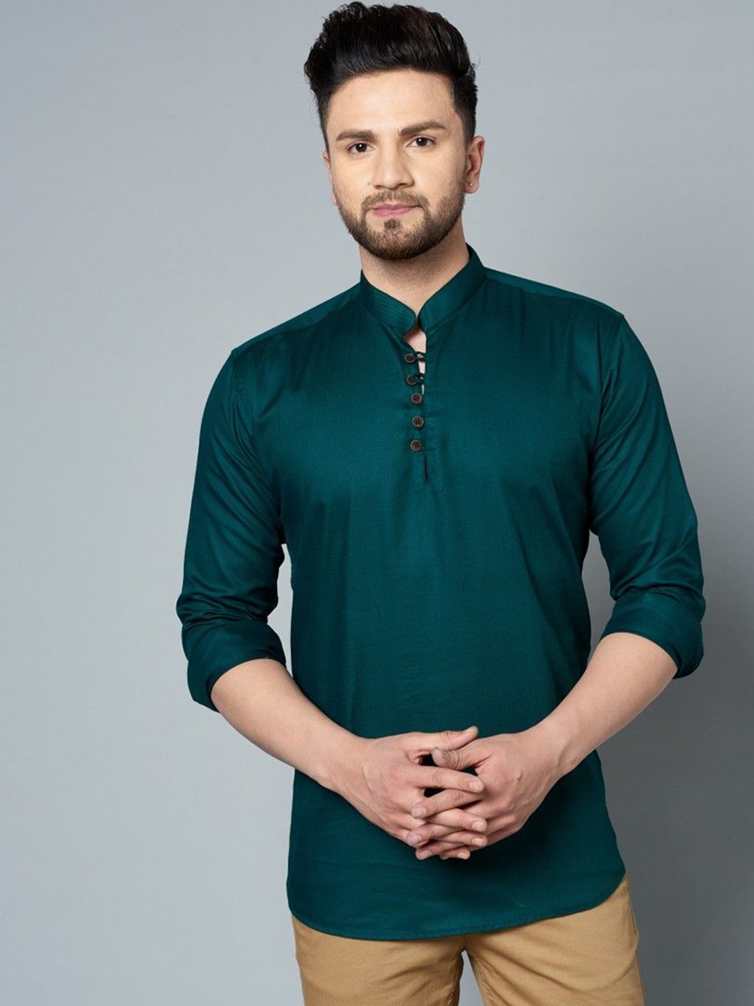 

Le Mec Mandarin Collar Rolled-Up Sleeves Silm Fit Short Straight Kurta, Green