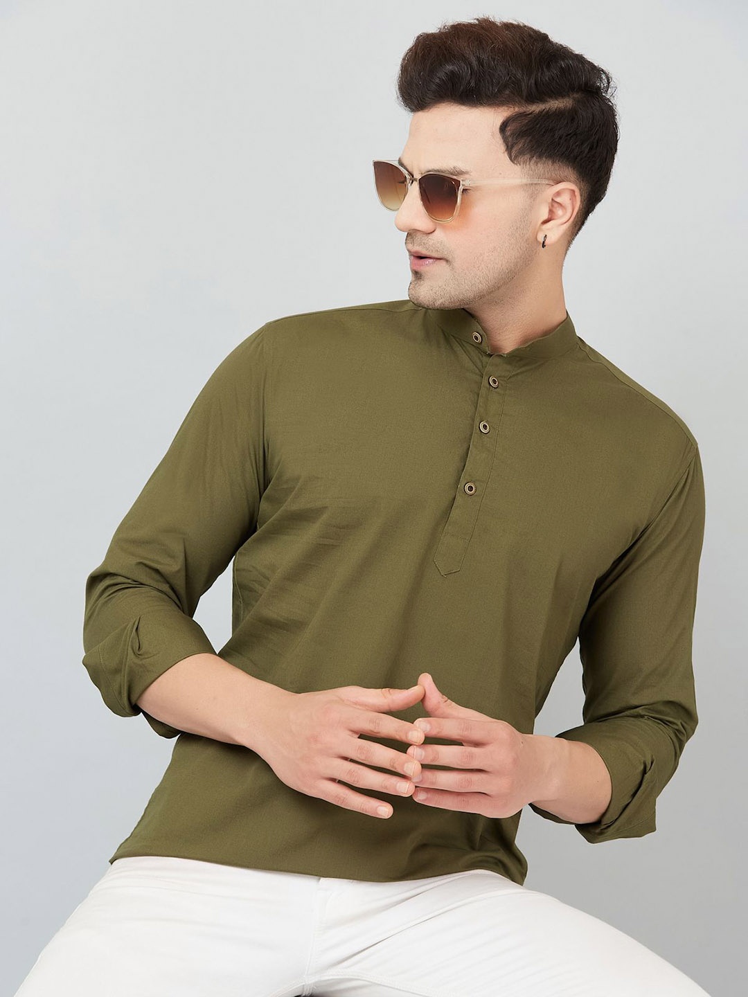 

Le Mec Band Collar Rolled-Up Sleeves Silm Fit Short Straight Kurta, Green