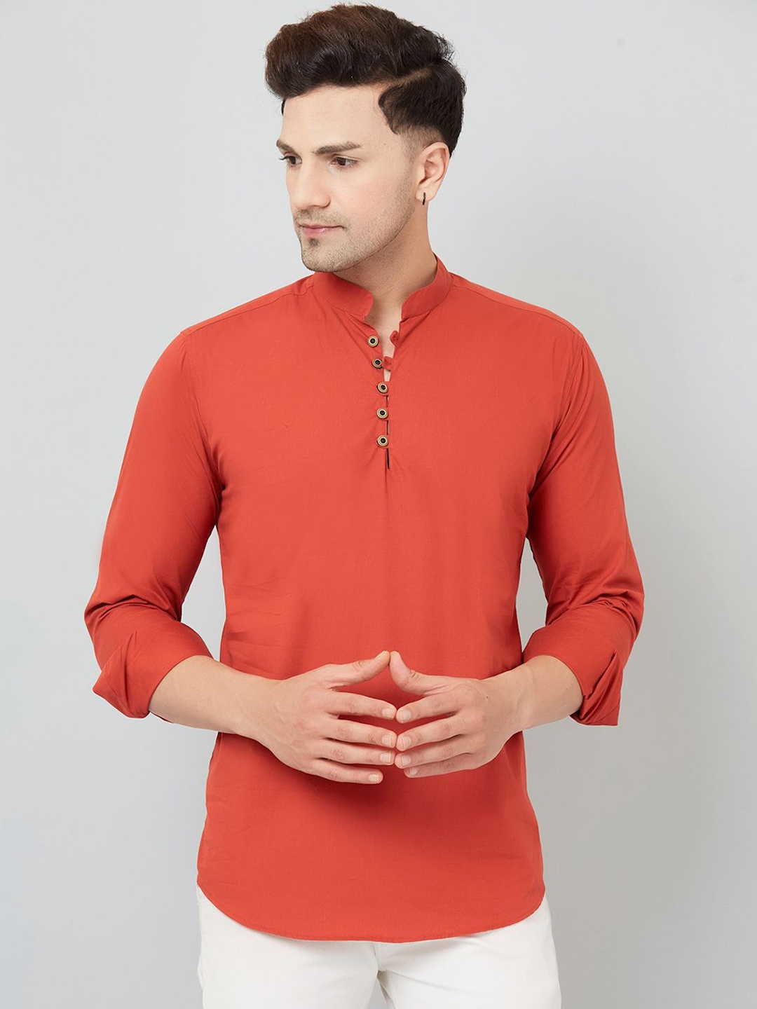 

Le Mec Mandarin Collar Rolled-Up Sleeves Silm Fit Short Straight Kurta, Orange