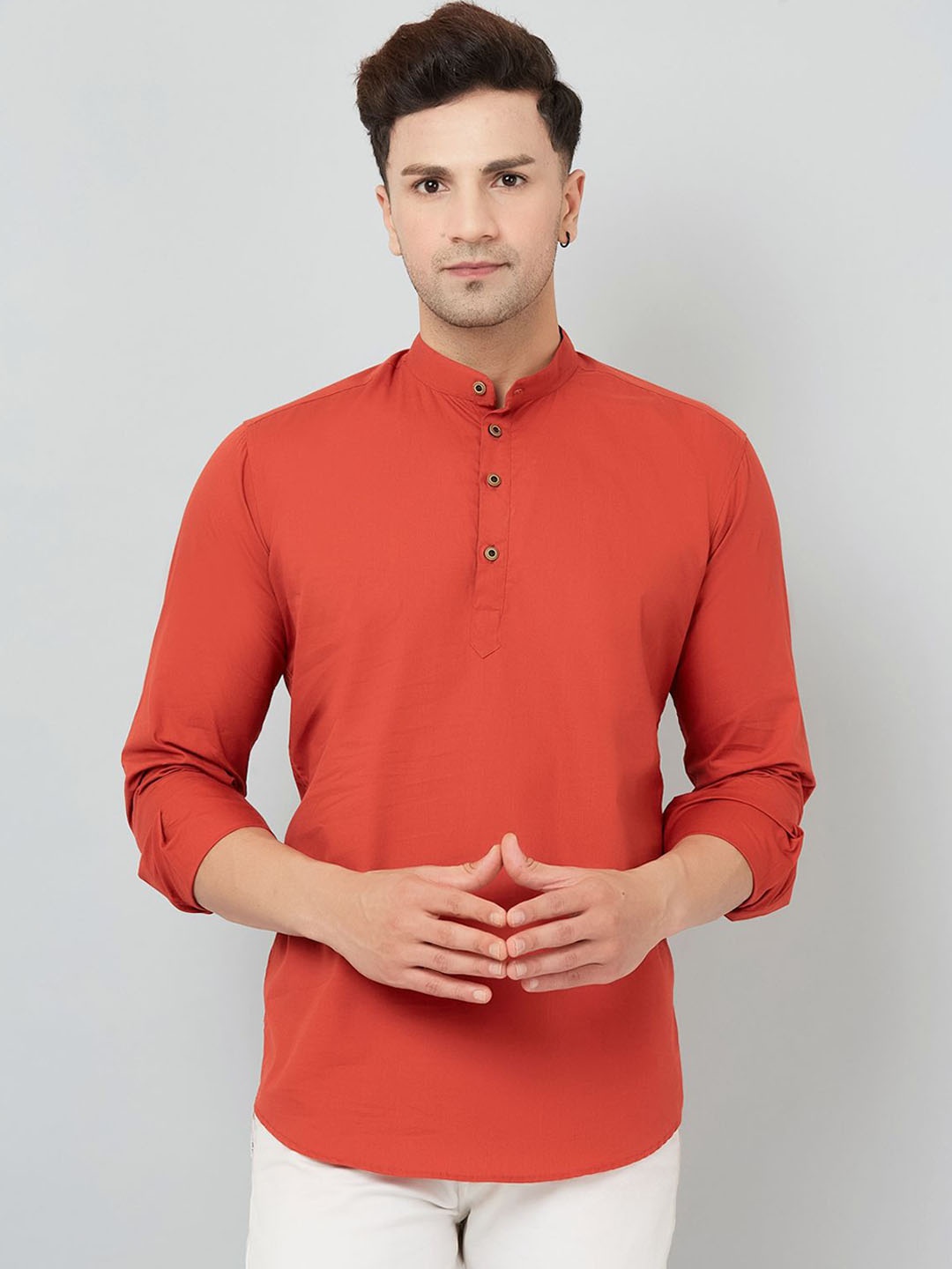 

Le Mec Band Collar Rolled-Up Sleeves Silm Fit Short Straight Kurta, Orange