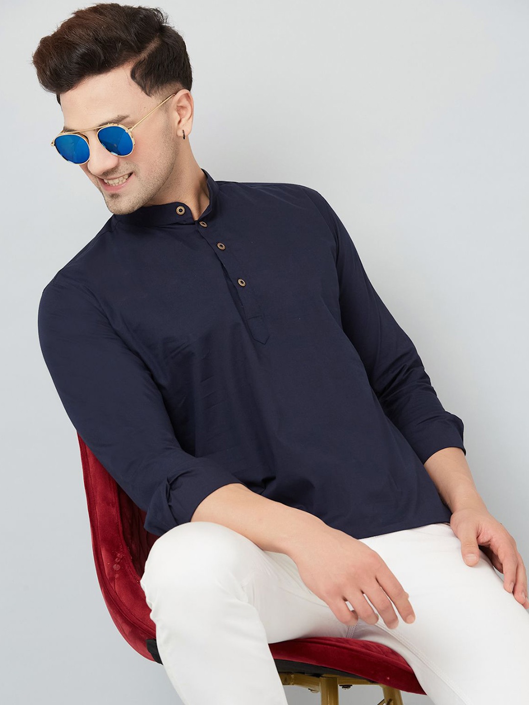 

Le Mec Band Collar Rolled-Up Sleeves Silm Fit Short Straight Kurta, Navy blue