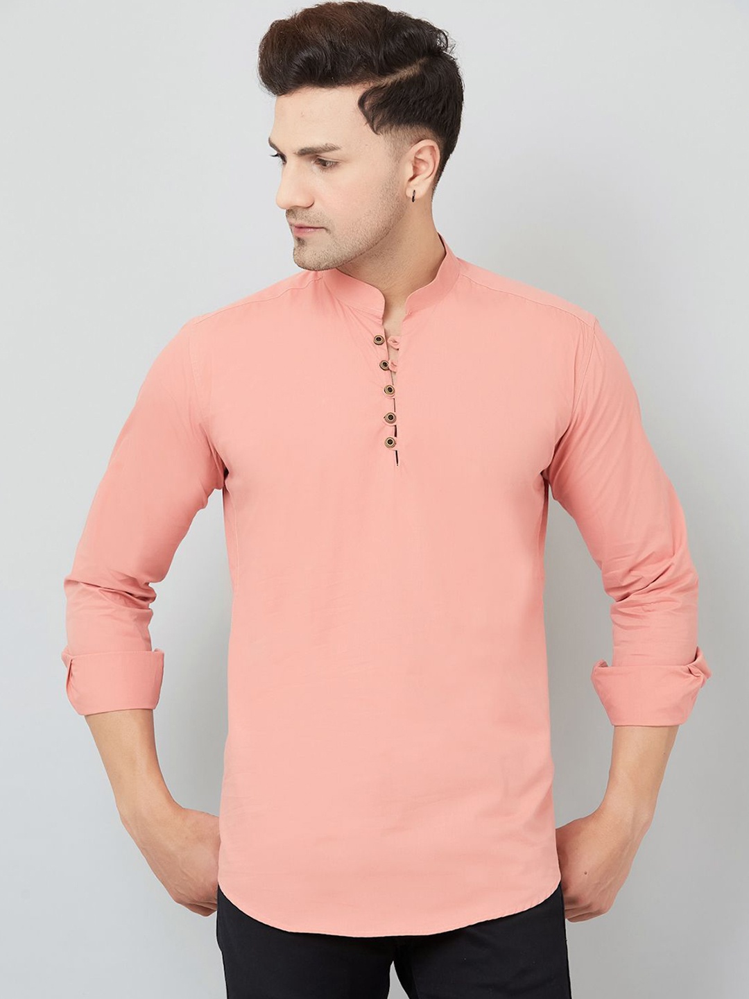 

Le Mec Mandarin Collar Rolled-Up Sleeves Silm Fit Short Straight Kurta, Peach