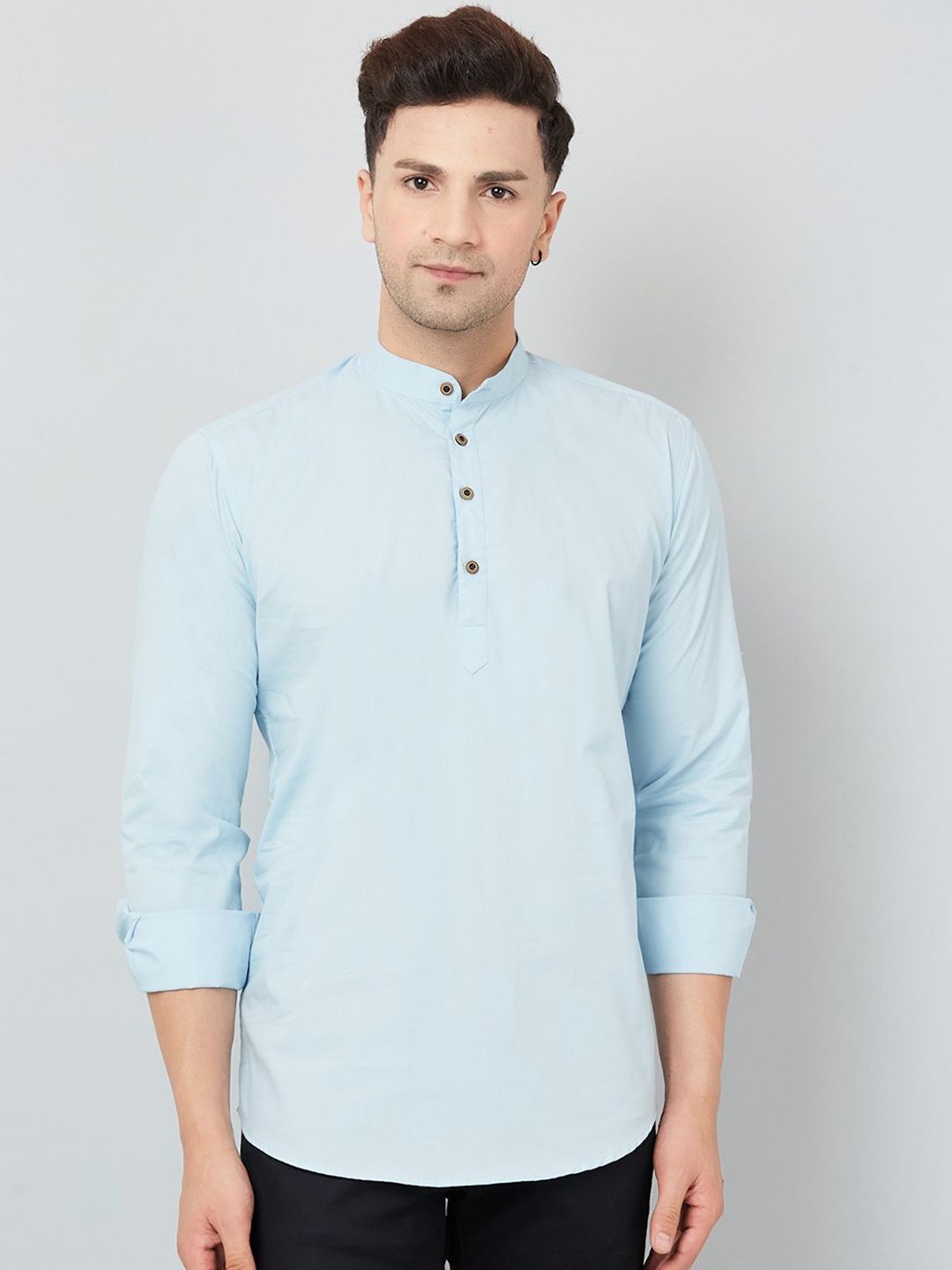 

Le Mec Band Collar Rolled-Up Sleeves Silm Fit Short Straight Kurta, Blue