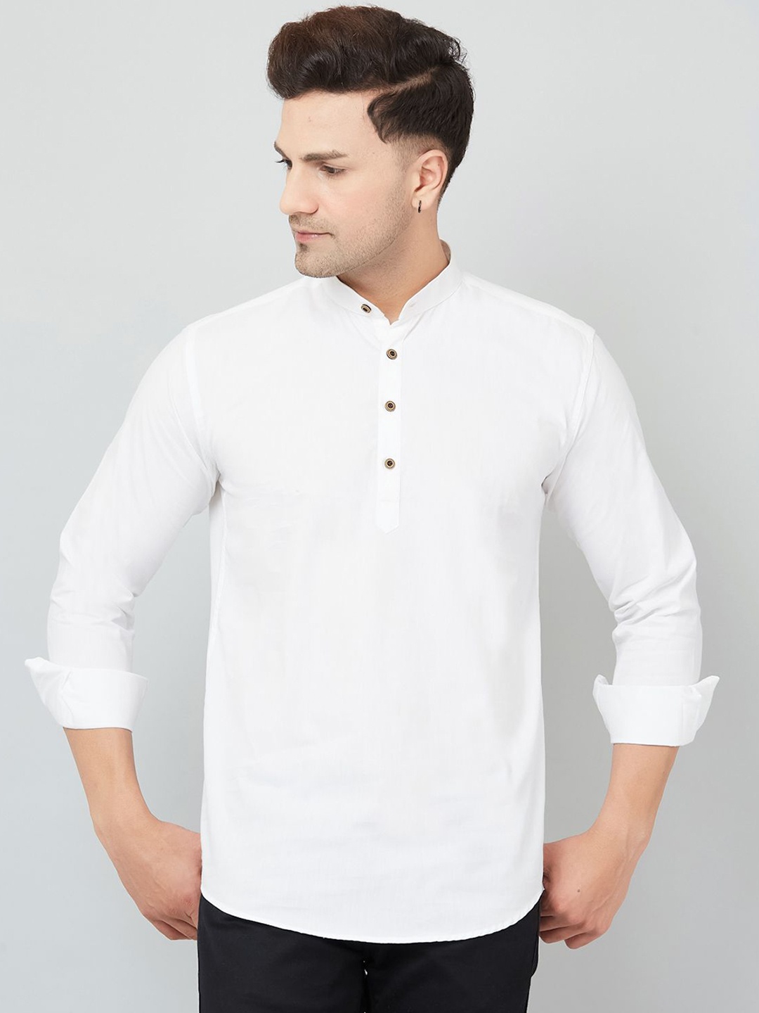 

Le Mec Band Collar Rolled-Up Sleeves Silm Fit Short Straight Kurta, White