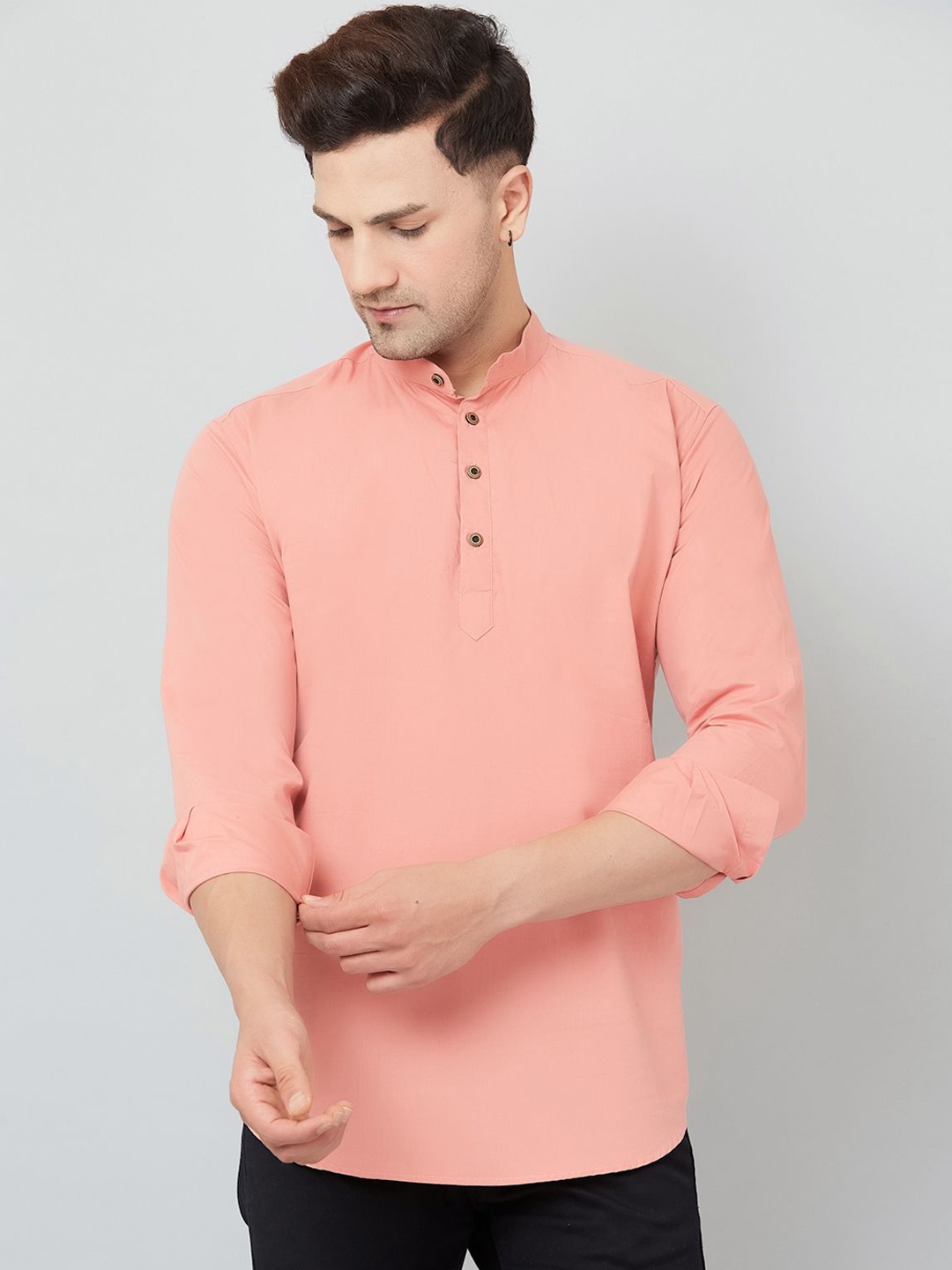 

Le Mec Band Collar Rolled-Up Sleeves Silm Fit Short Straight Pure Cotton Kurta, Peach