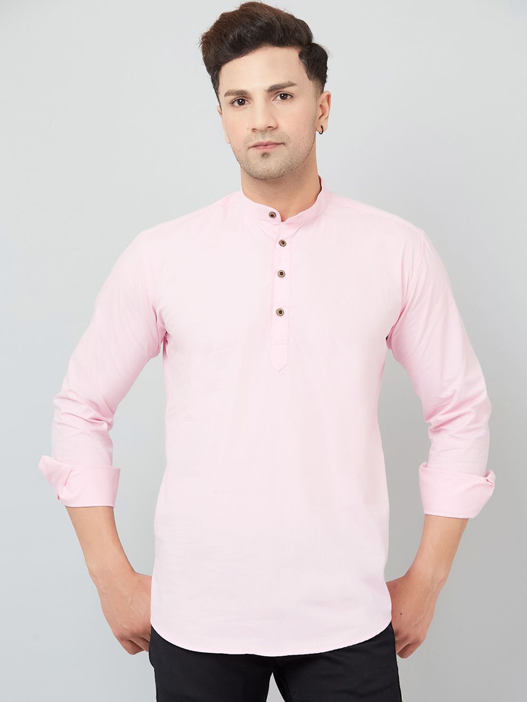 

Le Mec Band Collar Rolled-Up Sleeves Silm Fit Short Straight Kurta, Pink