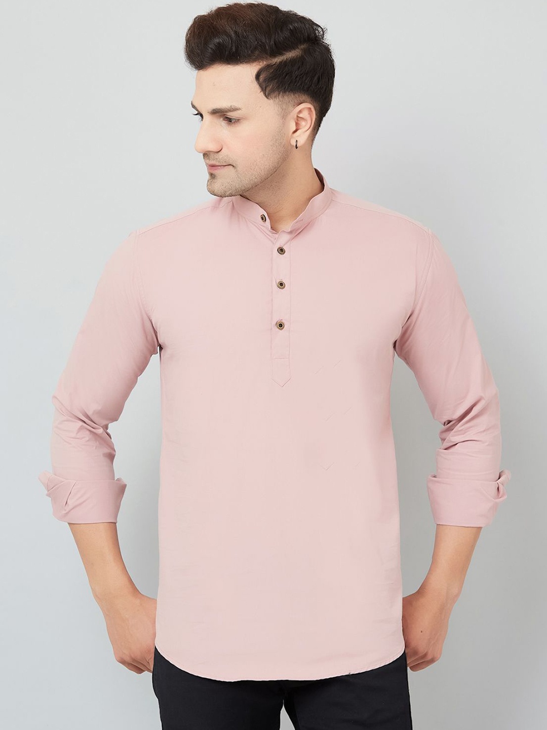 

Le Mec Band Collar Rolled-Up Sleeves Silm Fit Short Straight Kurta, Peach