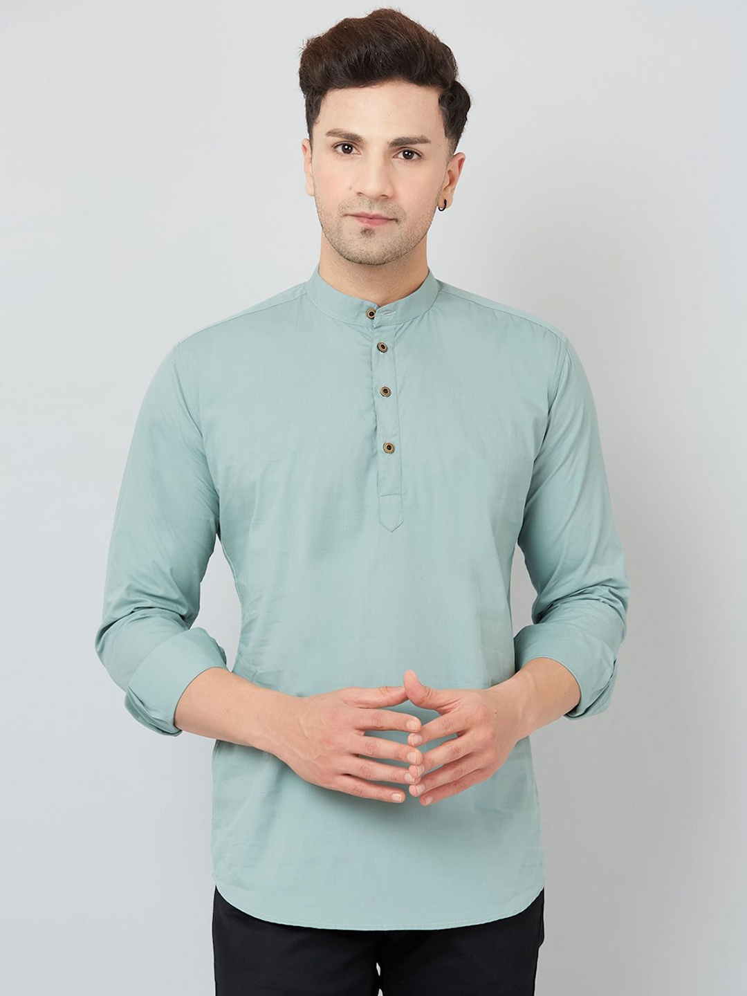 

Le Mec Band Collar Rolled-Up Sleeves Silm Fit Short Straight Kurta, Green