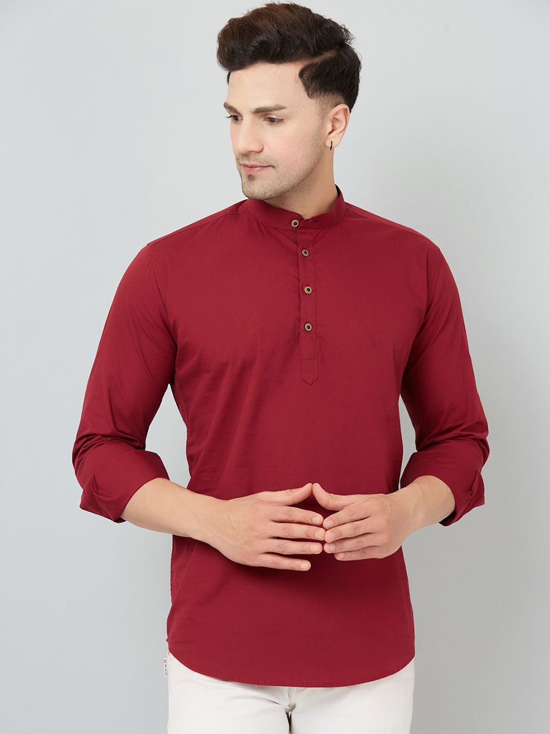 

Le Mec Band Collar Rolled-Up Sleeves Silm Fit Short Straight Kurta, Maroon