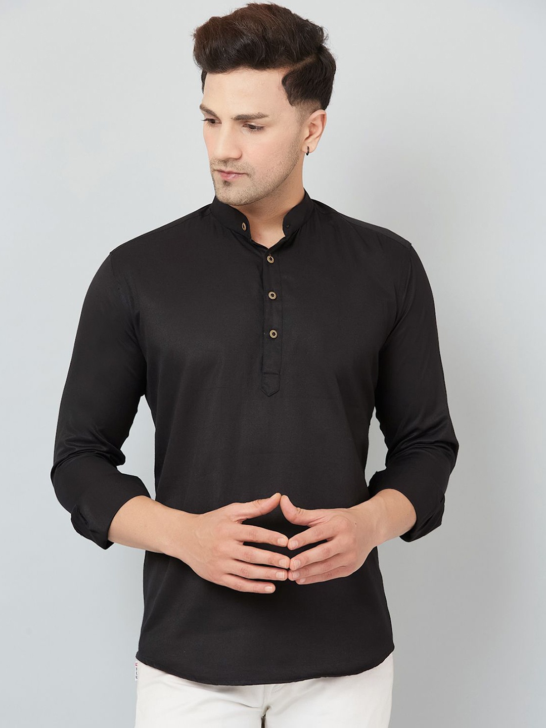 

Le Mec Band Collar Rolled-Up Sleeves Silm Fit Short Straight Kurta, Black