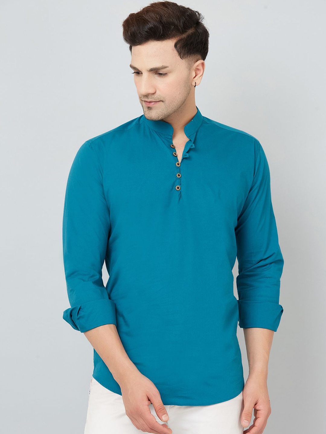 

Le Mec Mandarin Collar Rolled-Up Sleeves Silm Fit Short Straight Kurta, Blue