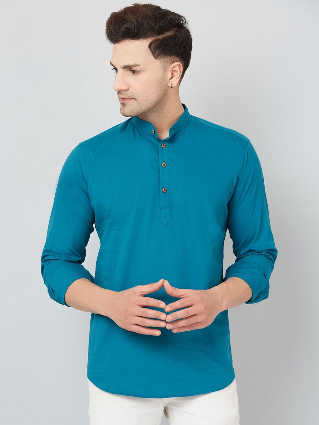 

Le Mec Band Collar Rolled-Up Sleeves Silm Fit Short Straight Kurta, Blue