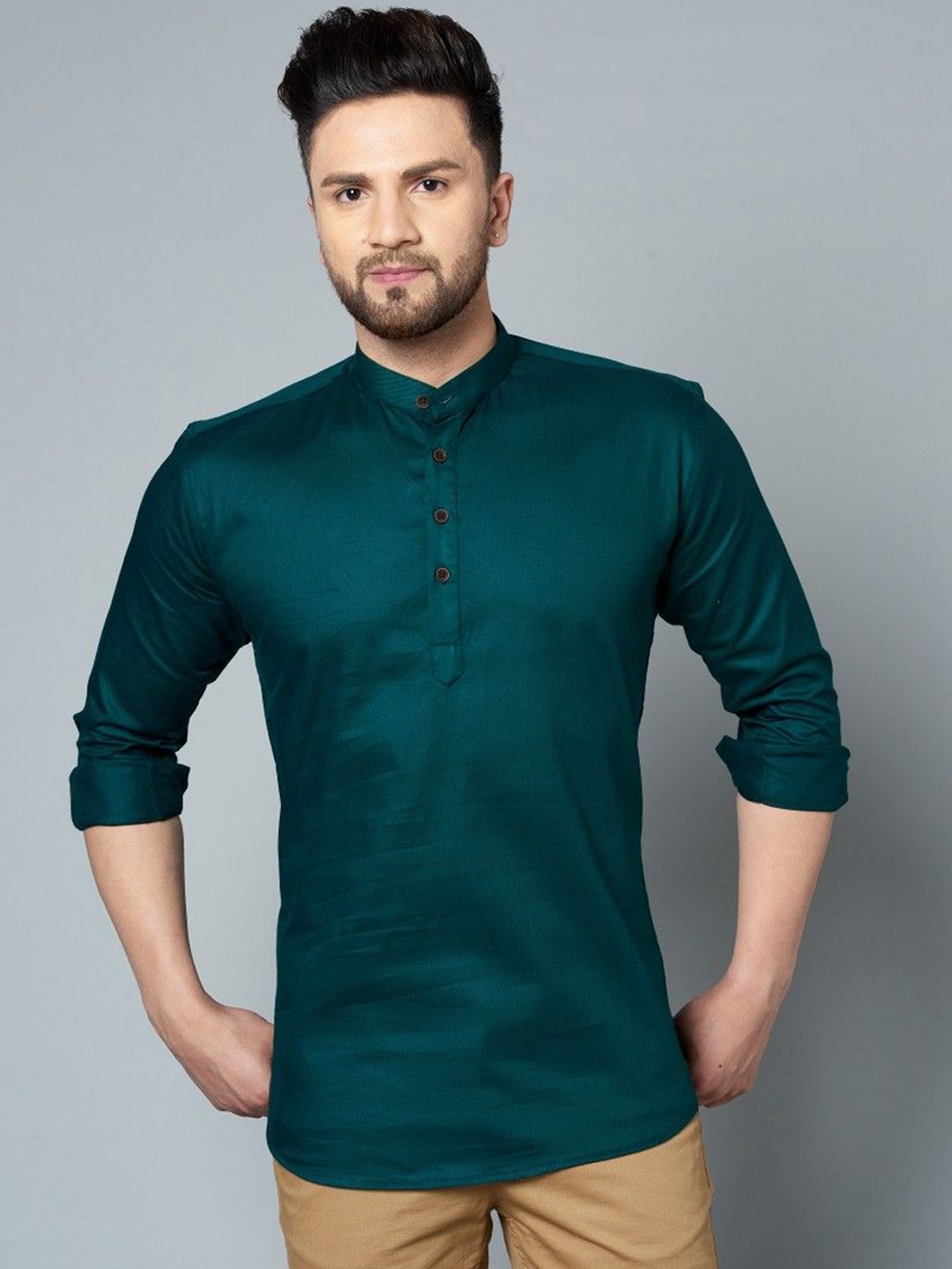 

Le Mec Band Collar Rolled-Up Sleeves Silm Fit Short Straight Kurta, Green