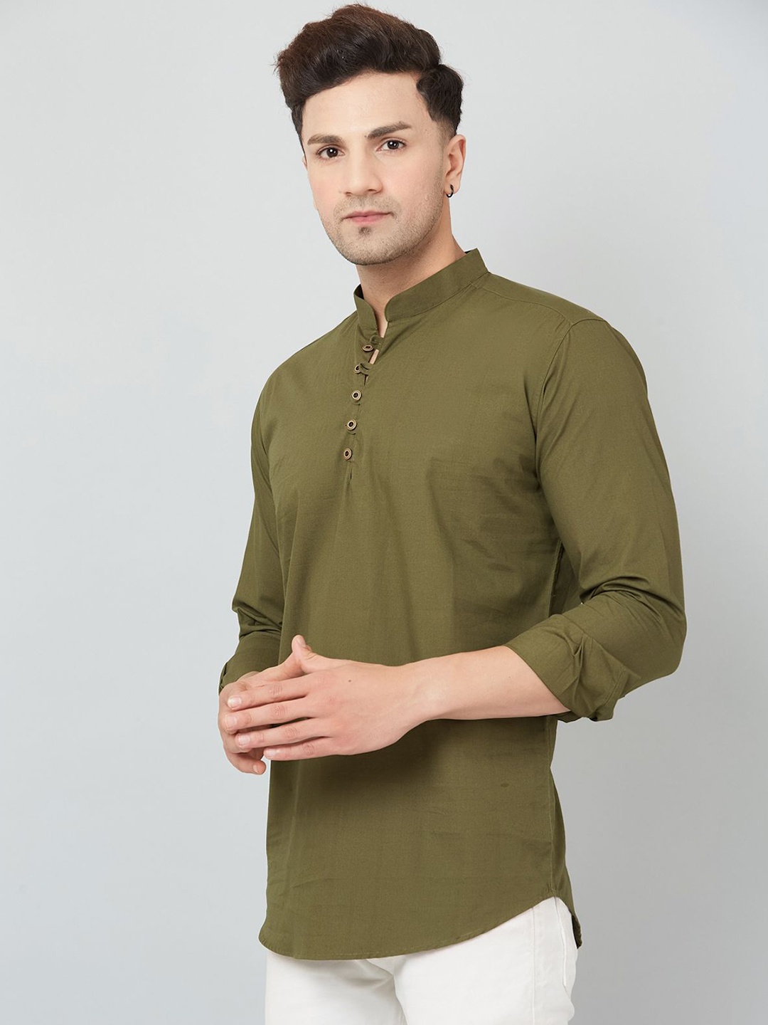 

Le Mec Mandarin Collar Rolled-Up Sleeves Silm Fit Short Straight Kurta, Green