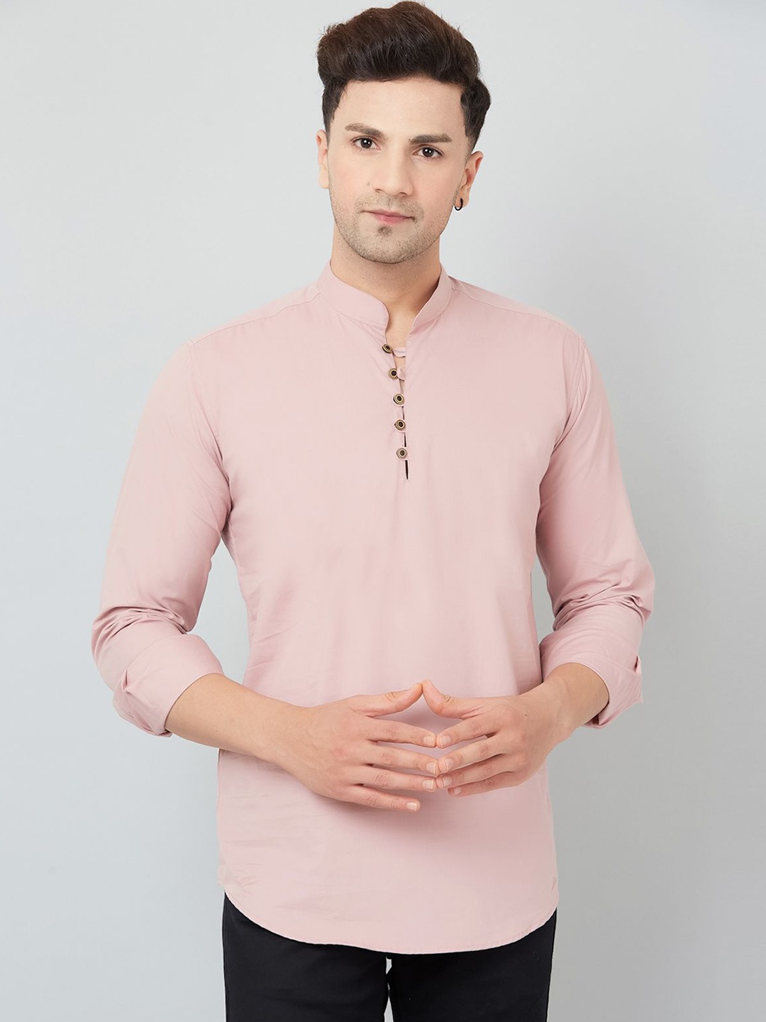 

Le Mec Mandarin Collar Rolled-Up Sleeves Silm Fit Short Straight Kurta, Peach