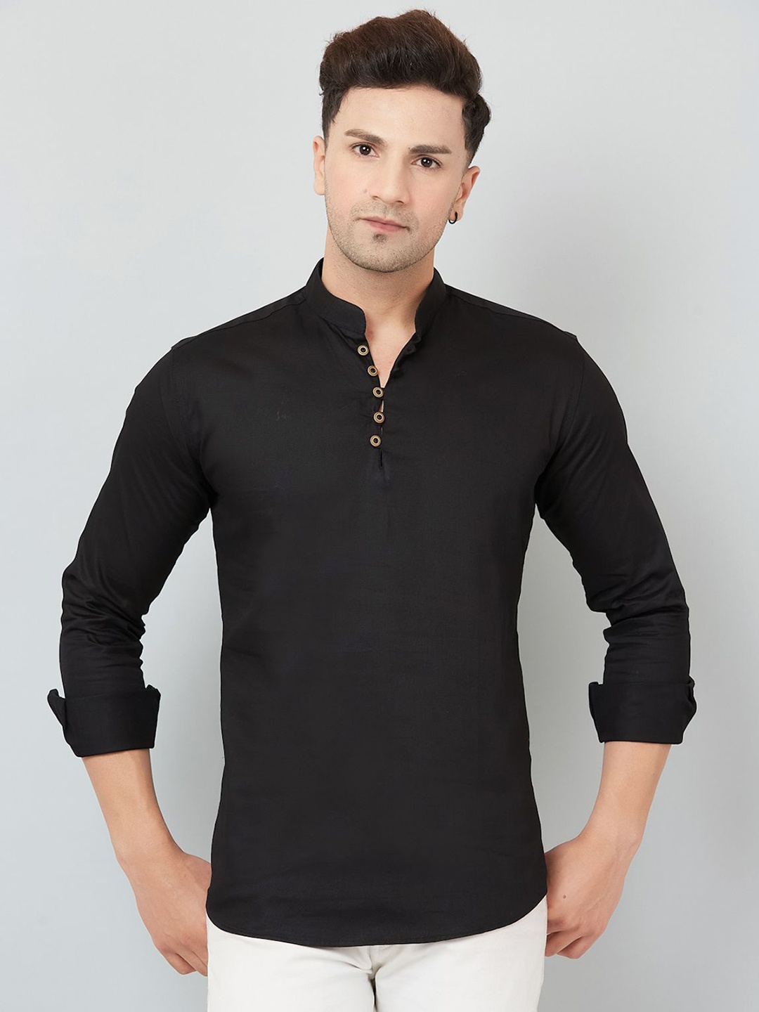 

Le Mec Mandarin Collar Rolled-Up Sleeves Silm Fit Short Straight Kurta, Black