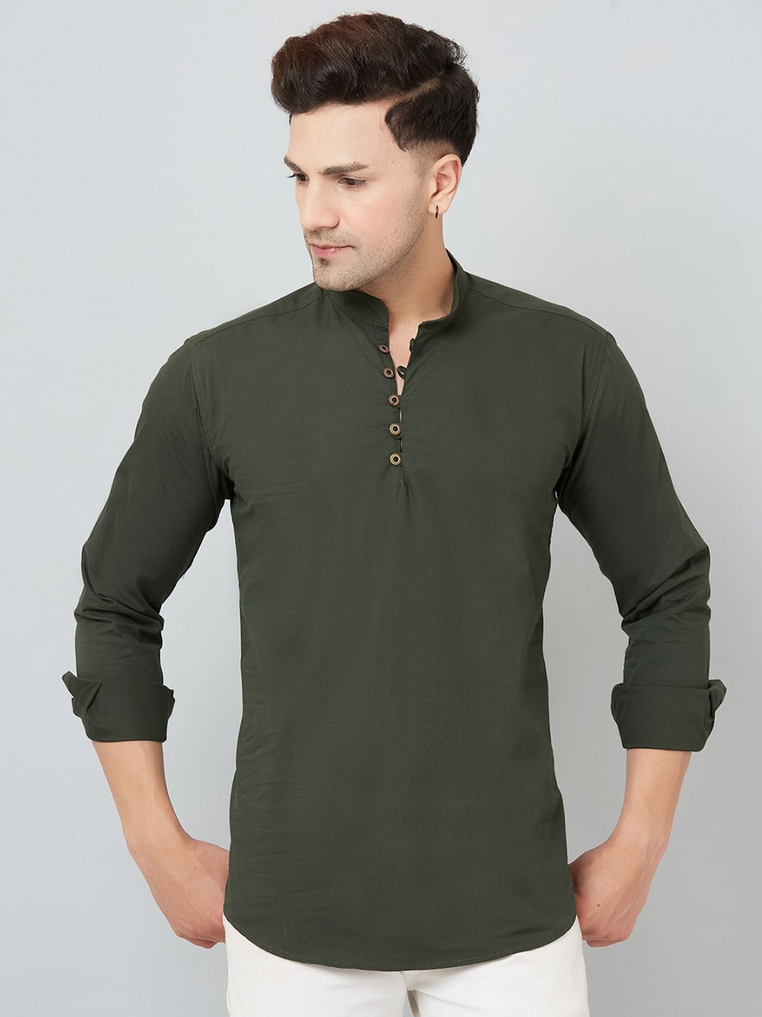 

Le Mec Mandarin Collar Rolled-Up Sleeves Silm Fit Short Straight Kurta, Green