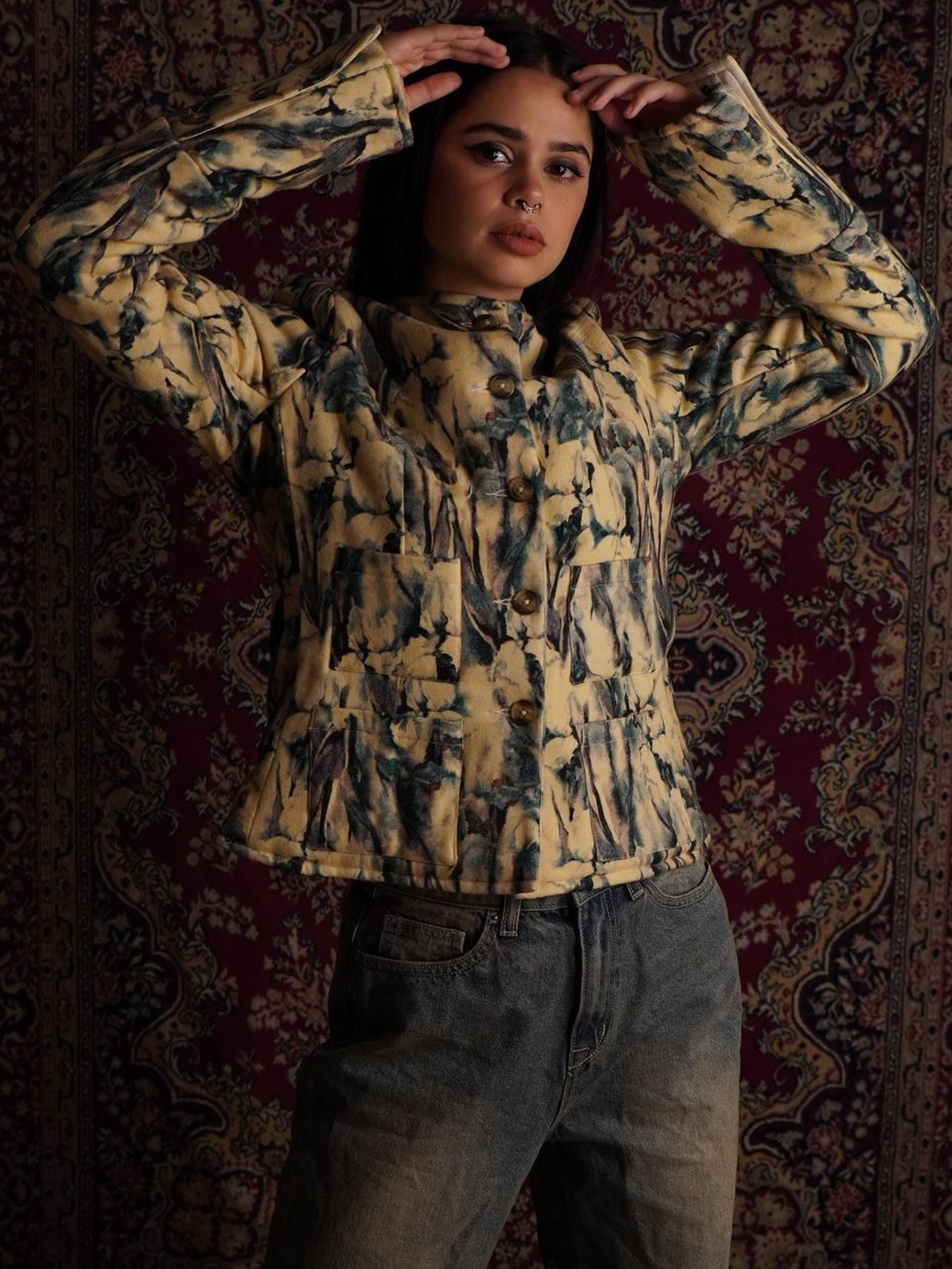 

THE MITESH Women Collarless Abstract Printed Woollen Casual Tailored Jacket, Yellow