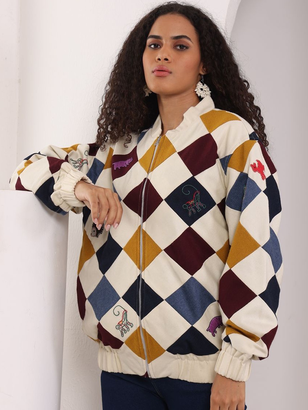 

THE MITESH Unisex Stand Collar Checked Woollen Casual Bomber Jacket, White