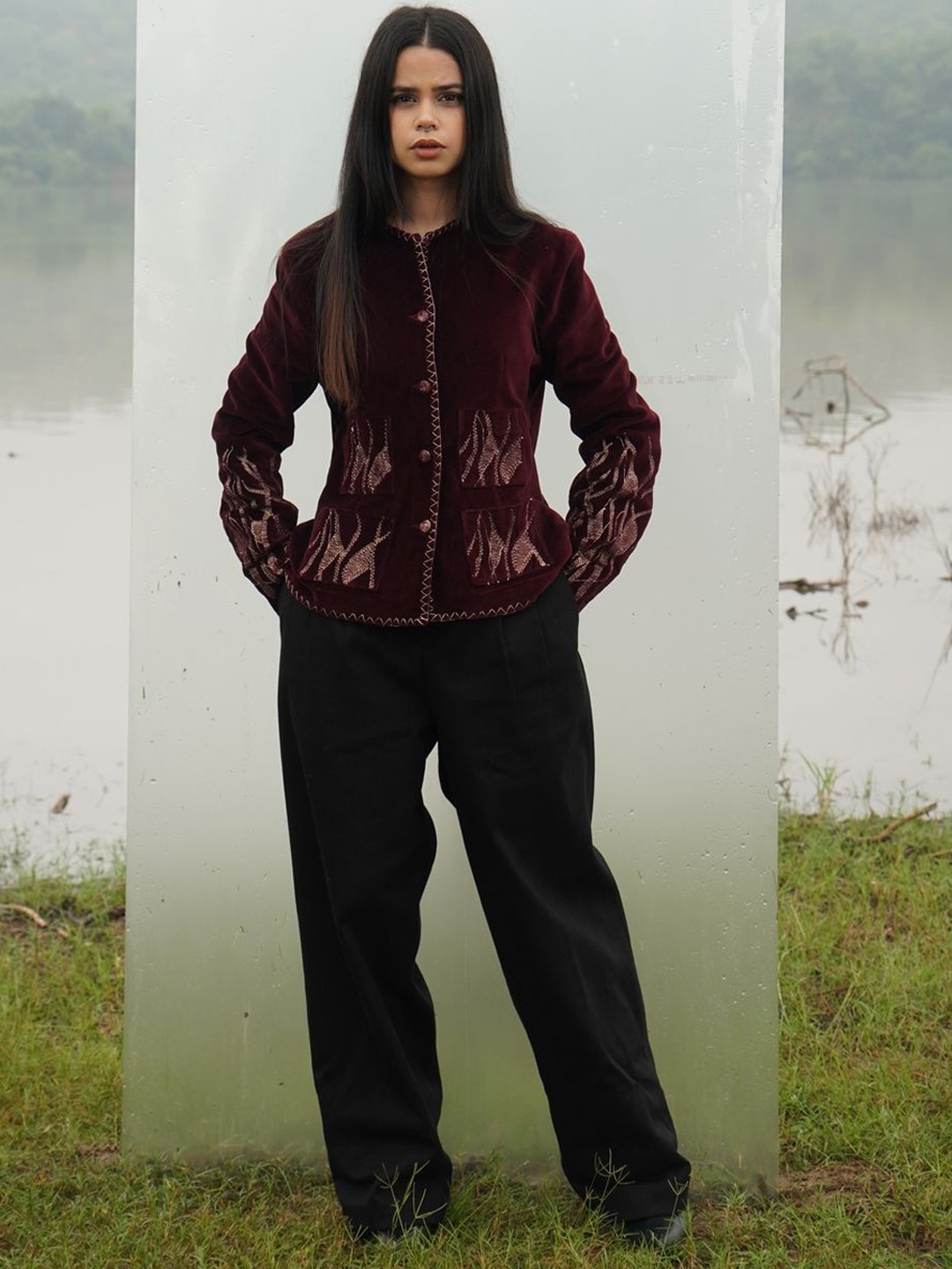 

THE MITESH Unisex Collarless Floral Printed Casual Tailored Jacket, Maroon
