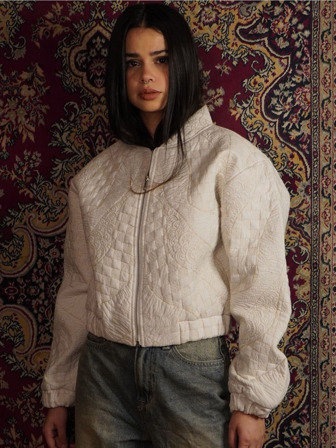 

THE MITESH Women Stand Collar Self Design Cotton Casual Bomber Jacket, Off white