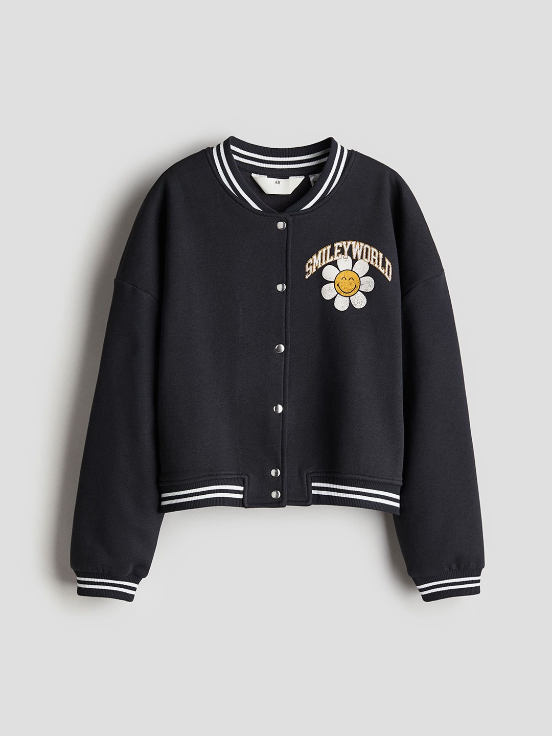 

H&M Printed Sweatshirt Baseball Jacket, Grey