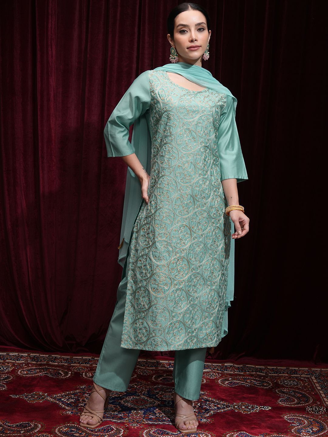 

Vishudh Women Embroidered Kurta With Elasticated Pants & Dupatta, Turquoise blue
