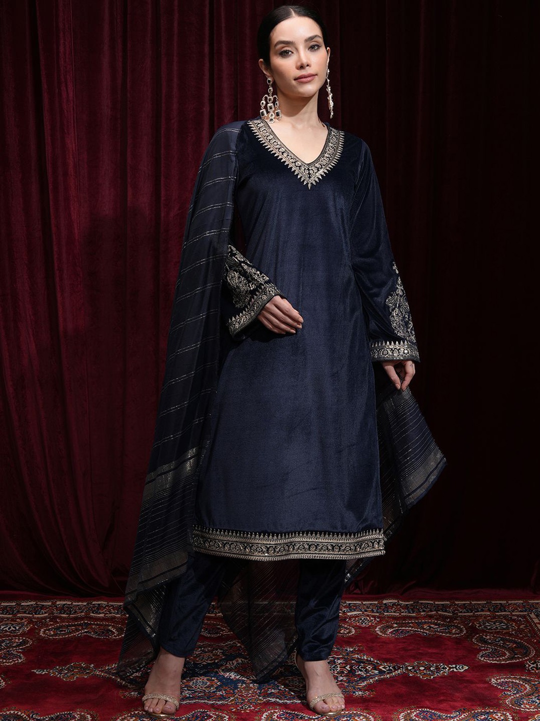 

Vishudh Women Embroidered Velvet Straight Kurta with Slim Pants & Dupatta, Navy blue