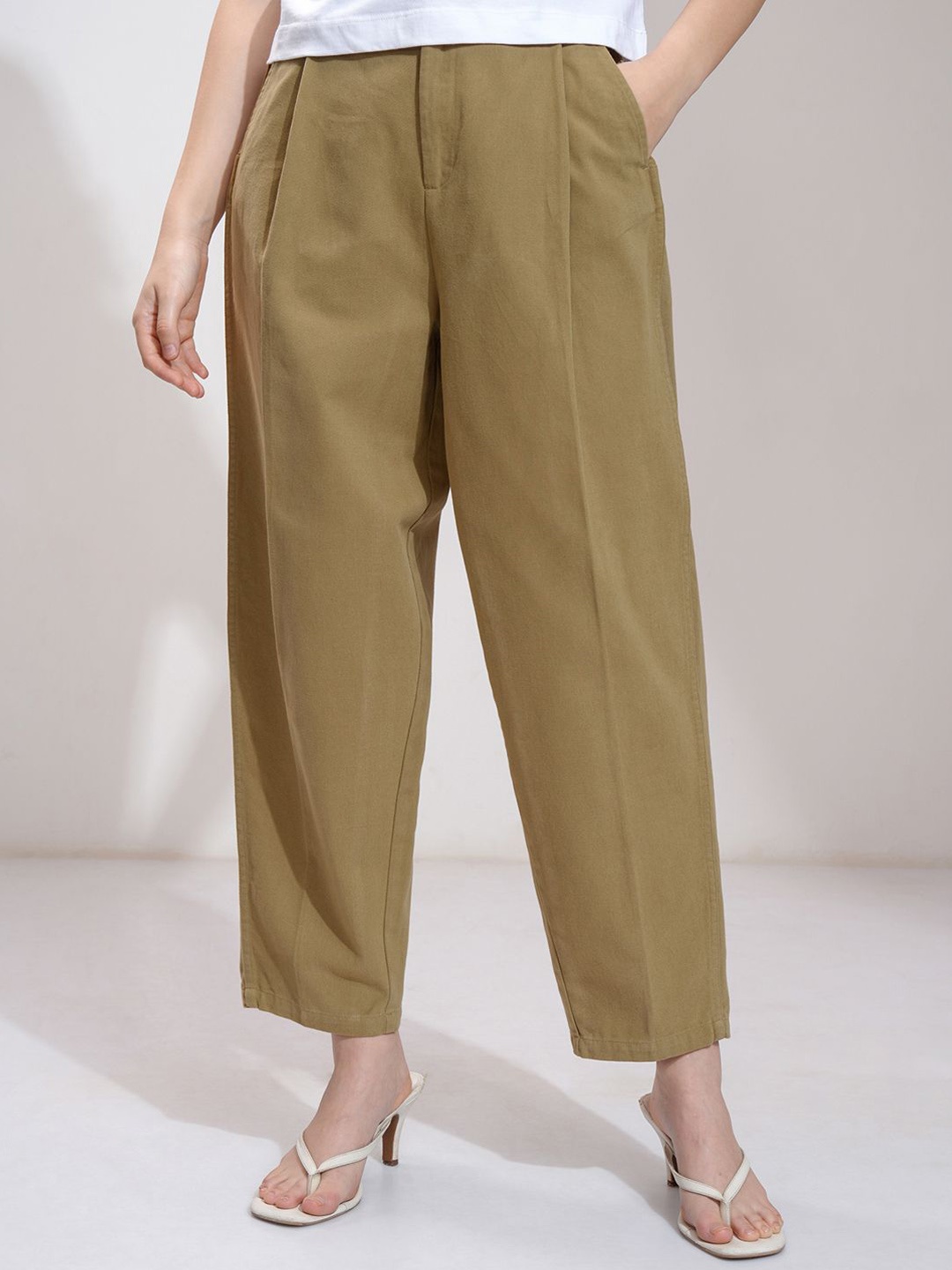 

CHIC BY TOKYO TALKIES Women Straight Fit Pleated Trousers, Khaki