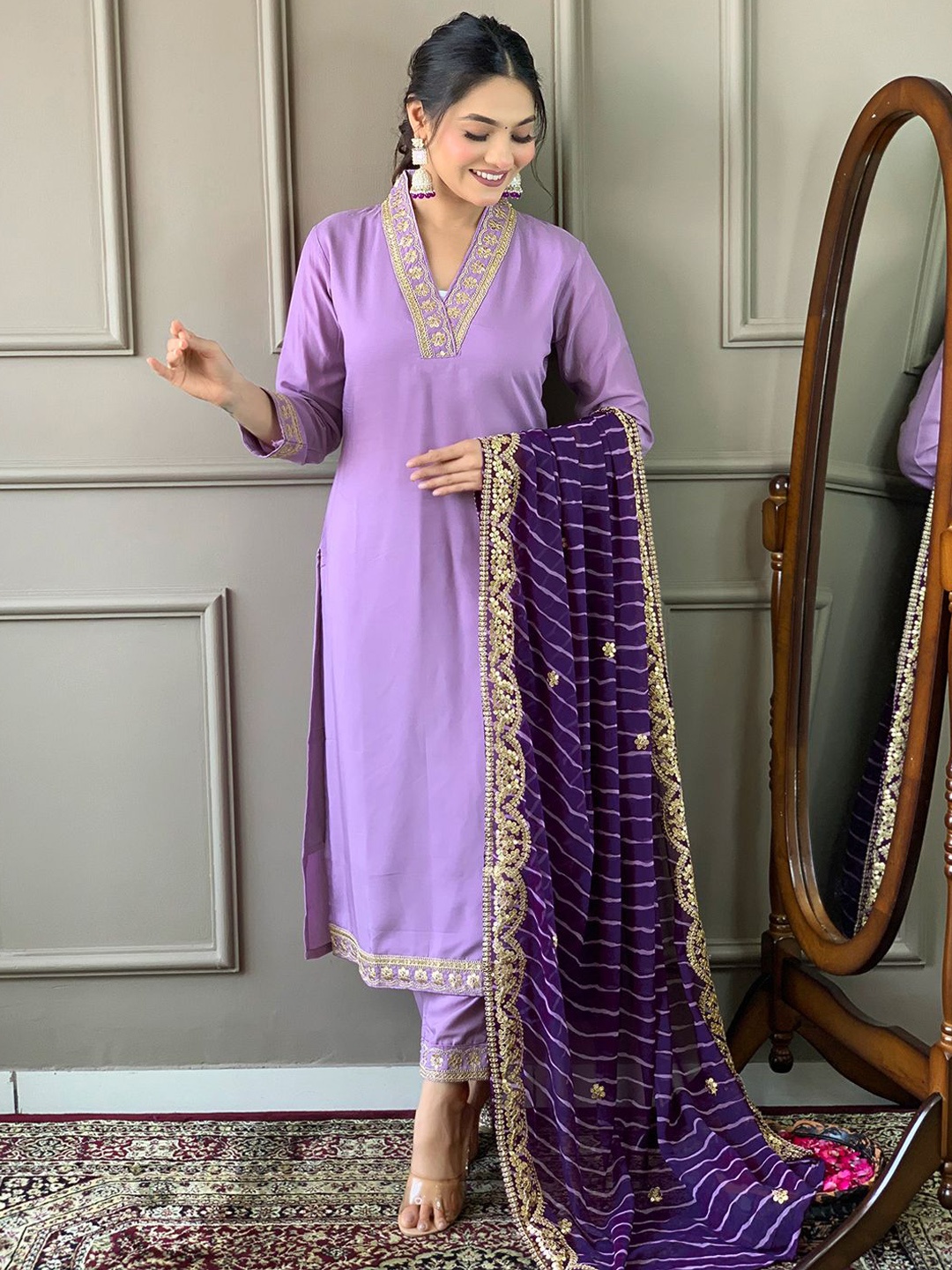 

KALINI Women Ethnic Motifs Embroidered Regular Kurta with Trousers & With Dupatta, Purple