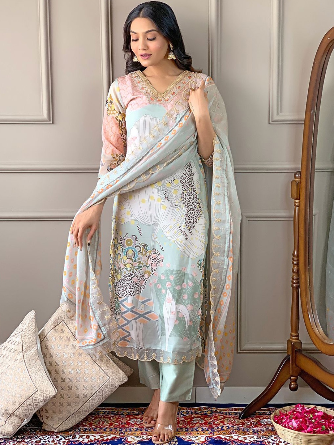 

KALINI Women Ethnic Motifs Printed Regular Kurta with Trousers & With Dupatta, Lime green