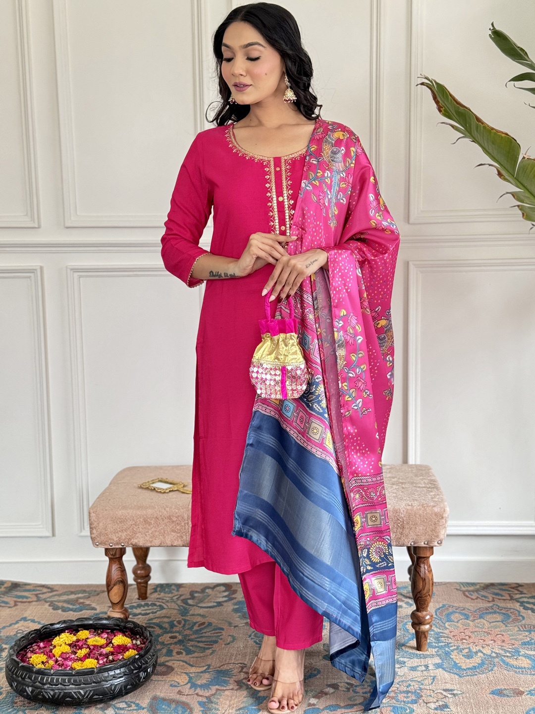 

KALINI Women Ethnic Motifs Embroidered Regular Kurta with Trousers & With Dupatta, Pink