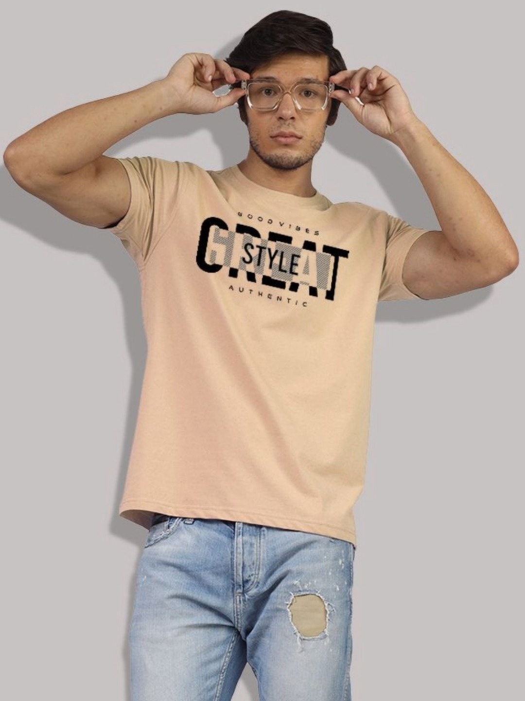 Greylongg Men Typography Printed Applique T-shirt, Beige
