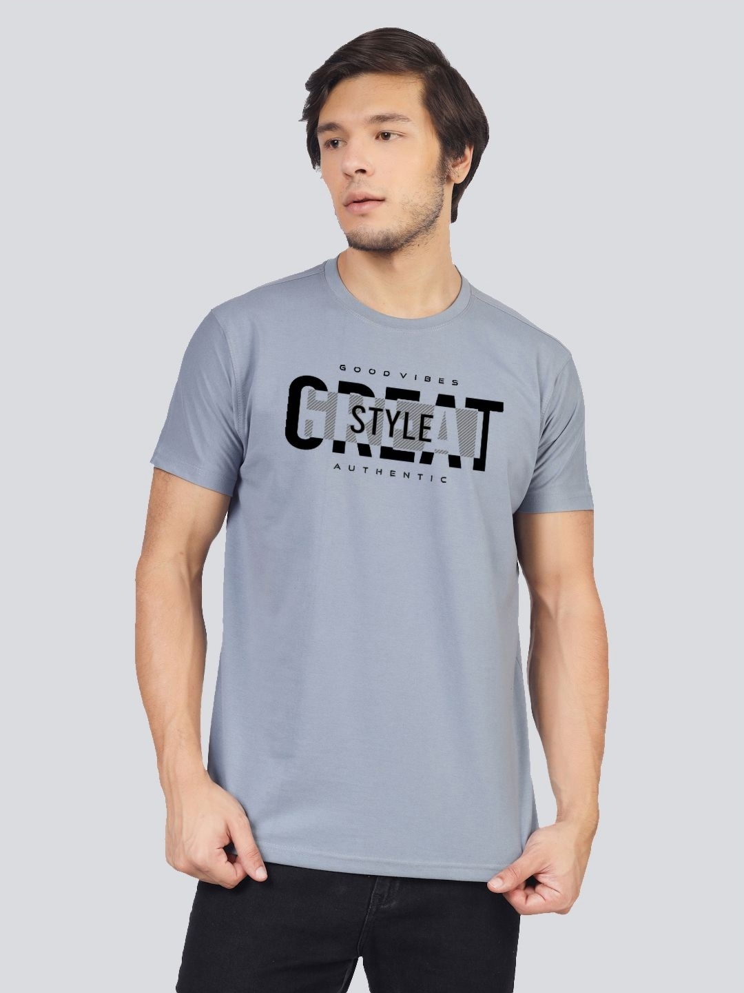 Greylongg Men Typography Printed Pockets T-shirt, Grey