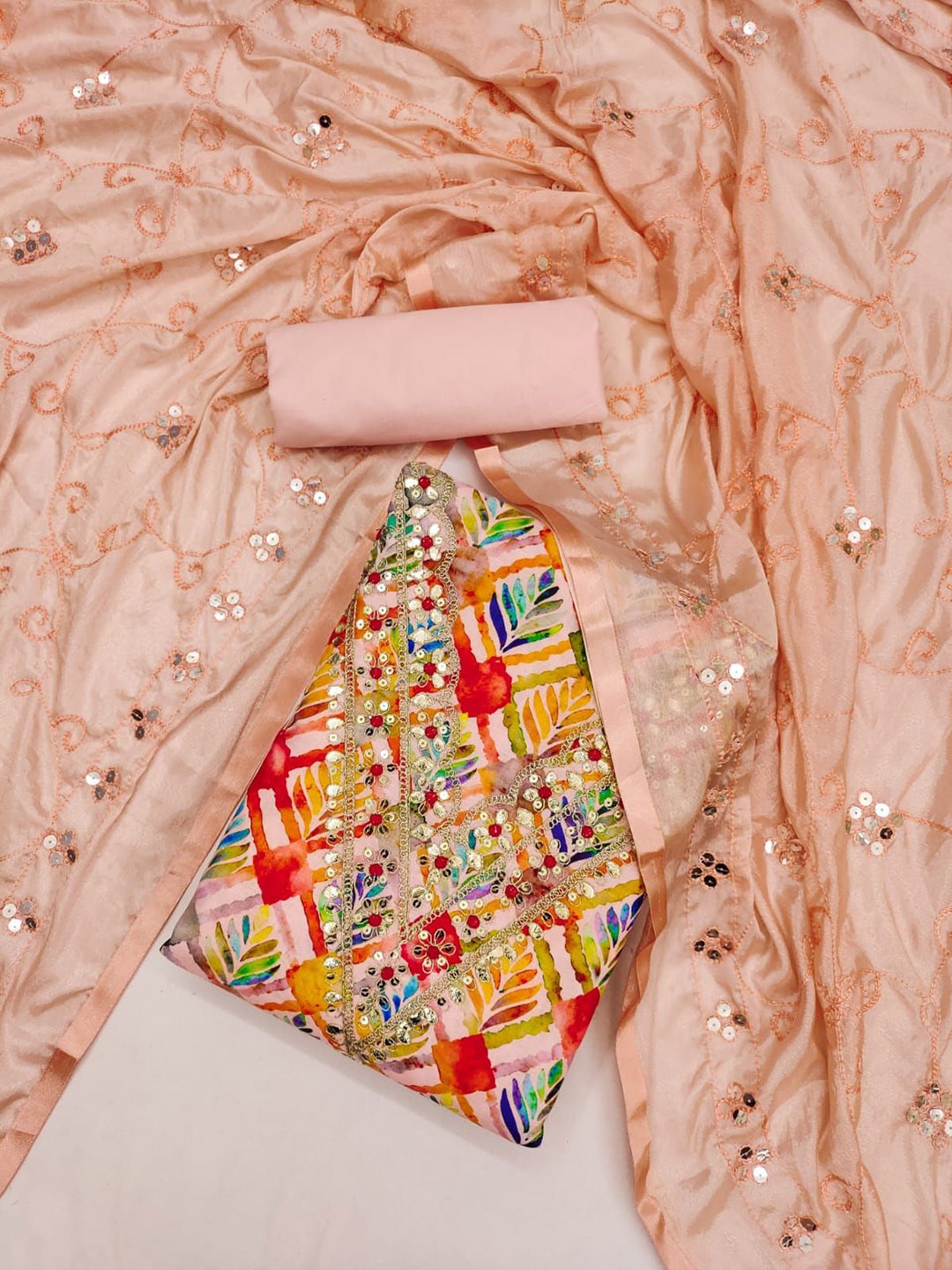 

A TO Z CART Embellished Unstitched Dress Material, Peach