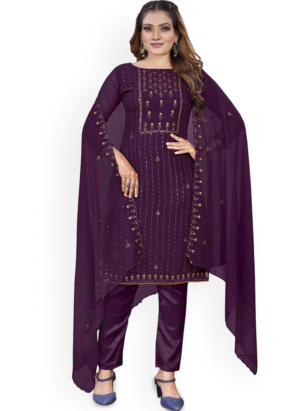 

A TO Z CART Embellished Silk Georgette Unstitched Dress Material, Purple