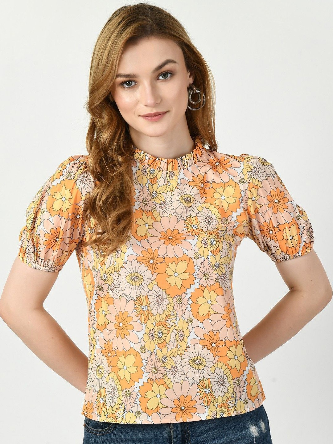 

COATTIRE Floral Print Puff Sleeve Crepe Top, Orange