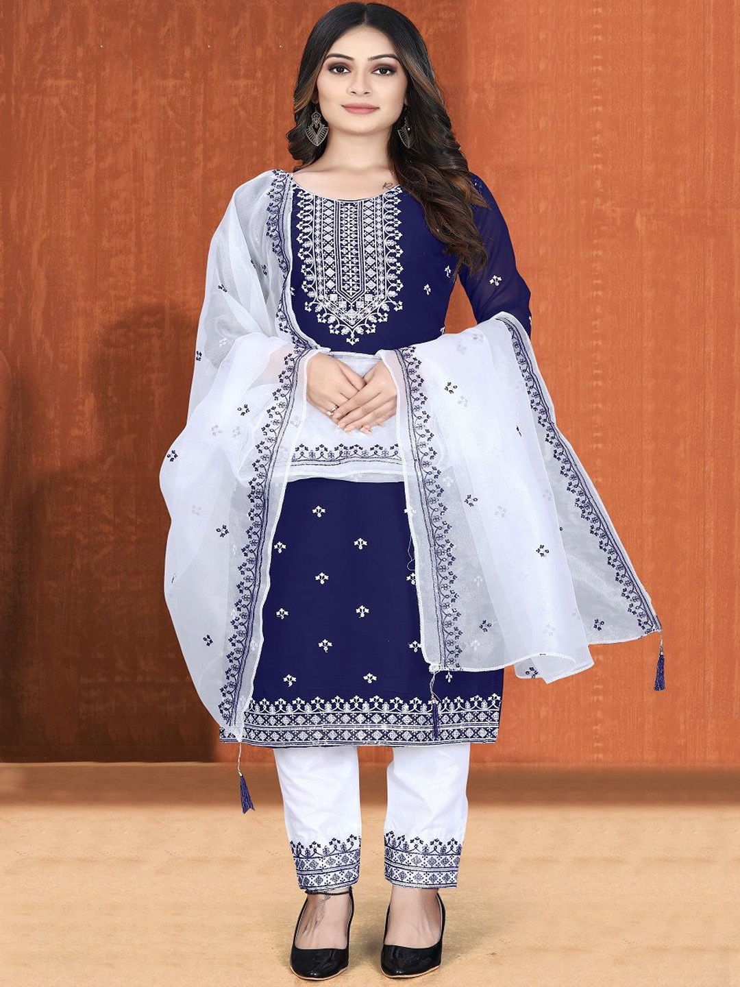 

ZONFAB Embroidered Semi-Stitched Dress Material, Blue