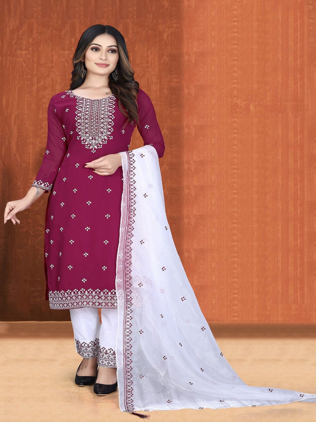 

ZONFAB Embroidered Semi-Stitched Dress Material, Pink