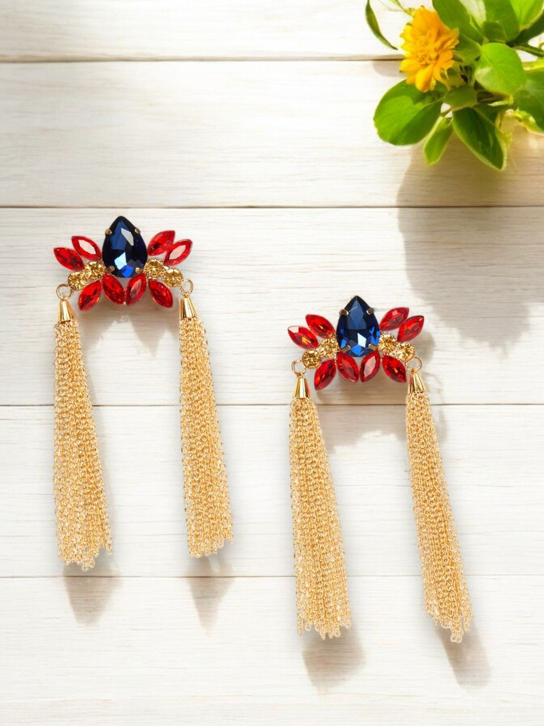 

DressBerry Gold-Plated Crystals Studded Contemporary Shaped Drop Earrings