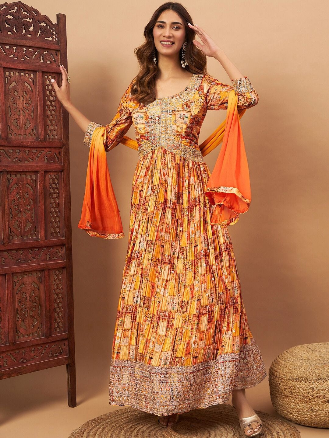 

Chhabra 555 Print Pleated Gown Maxi Ethnic Dresses With Ombre Dupatta, Mustard