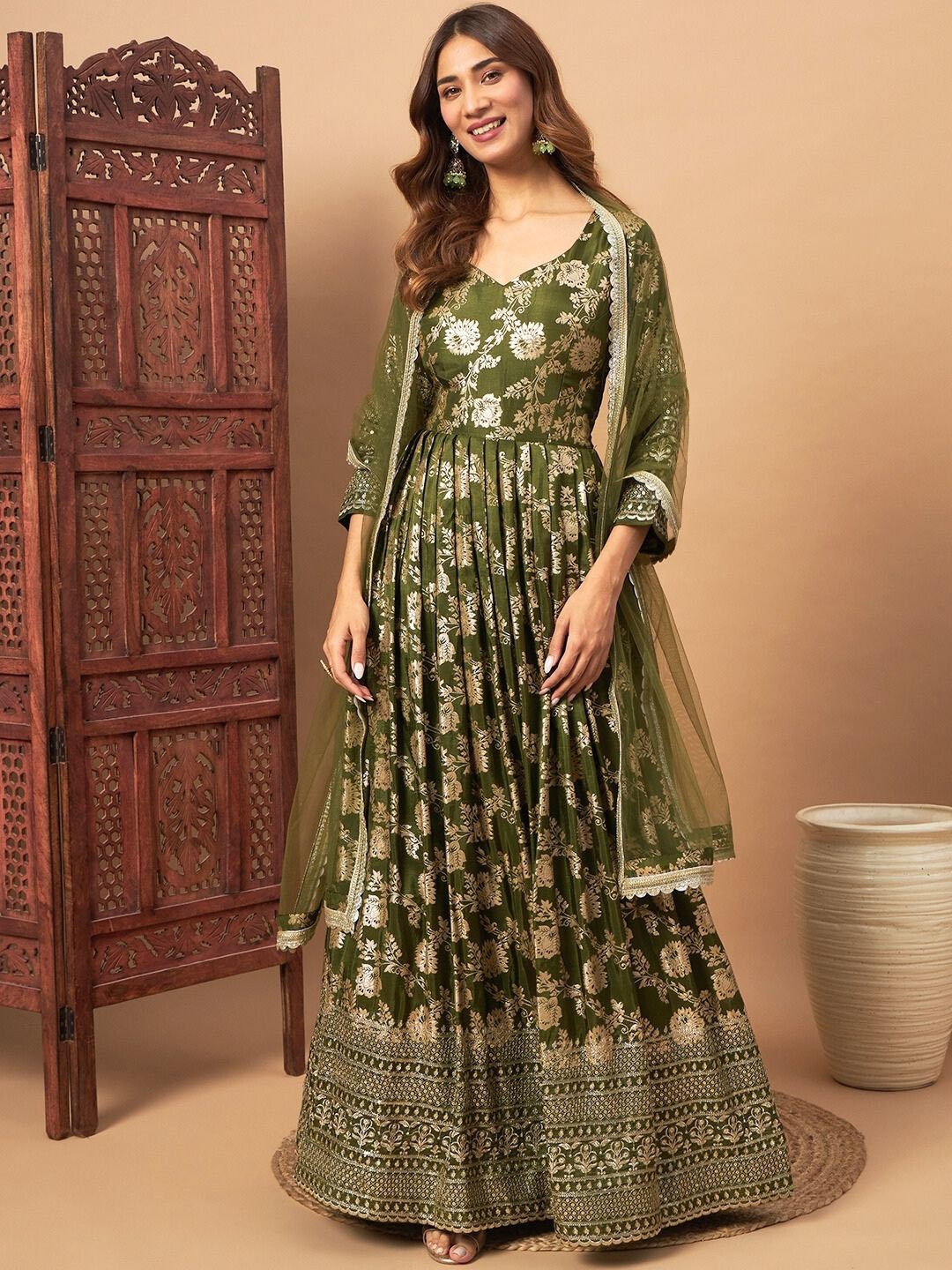 

Chhabra 555 Woven Design Banarasi Gown Maxi Ethnic Dresses With Embellished Dupatta, Green