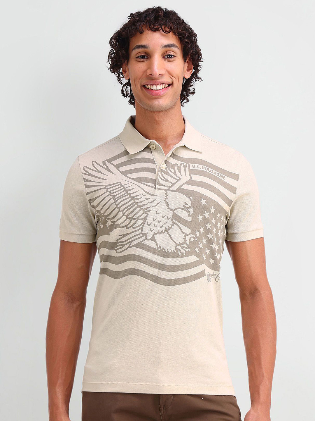 

U.S. Polo Assn. Denim Co. Men Graphic Printed Polo Collar Cotton Slim Fit T-shirt, Beige