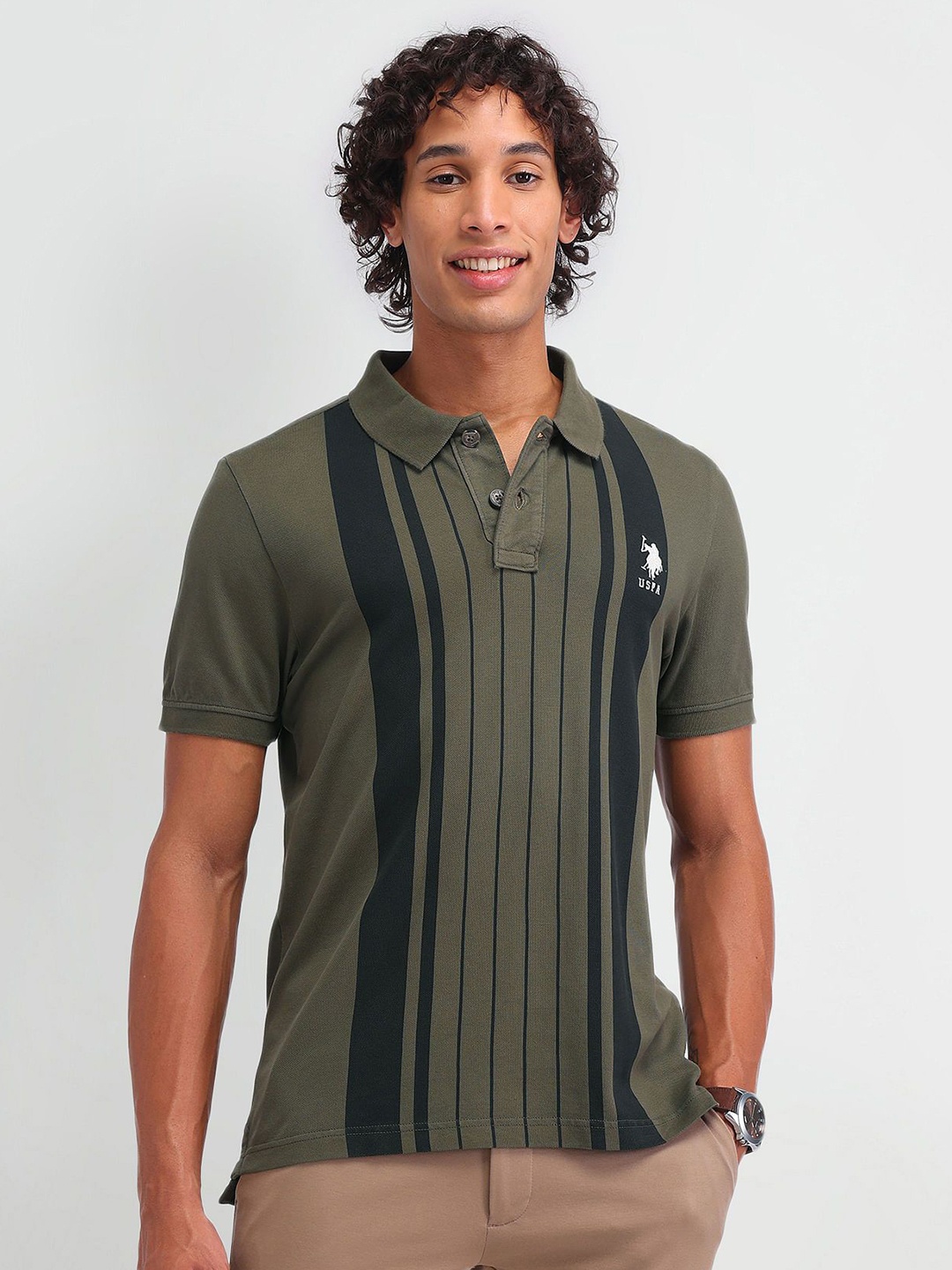 

U.S. Polo Assn. Denim Co. Men Striped Polo Collar Cotton Slim Fit T-shirt, Green