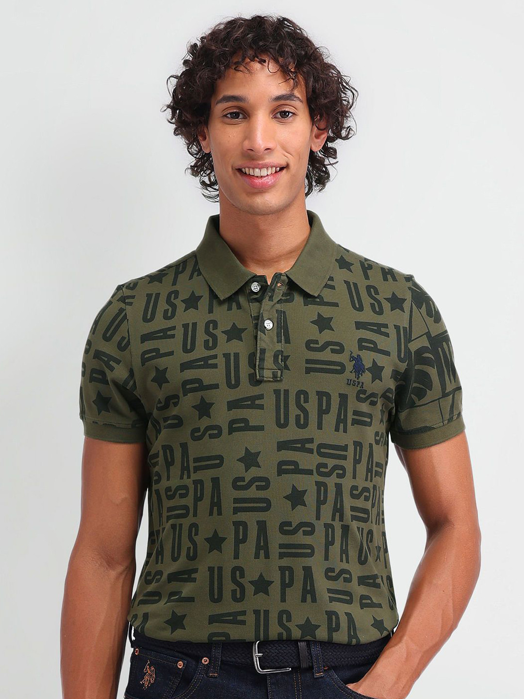

U.S. Polo Assn. Denim Co. Men Typography Printed Polo Collar Cotton Slim Fit T-shirt, Green