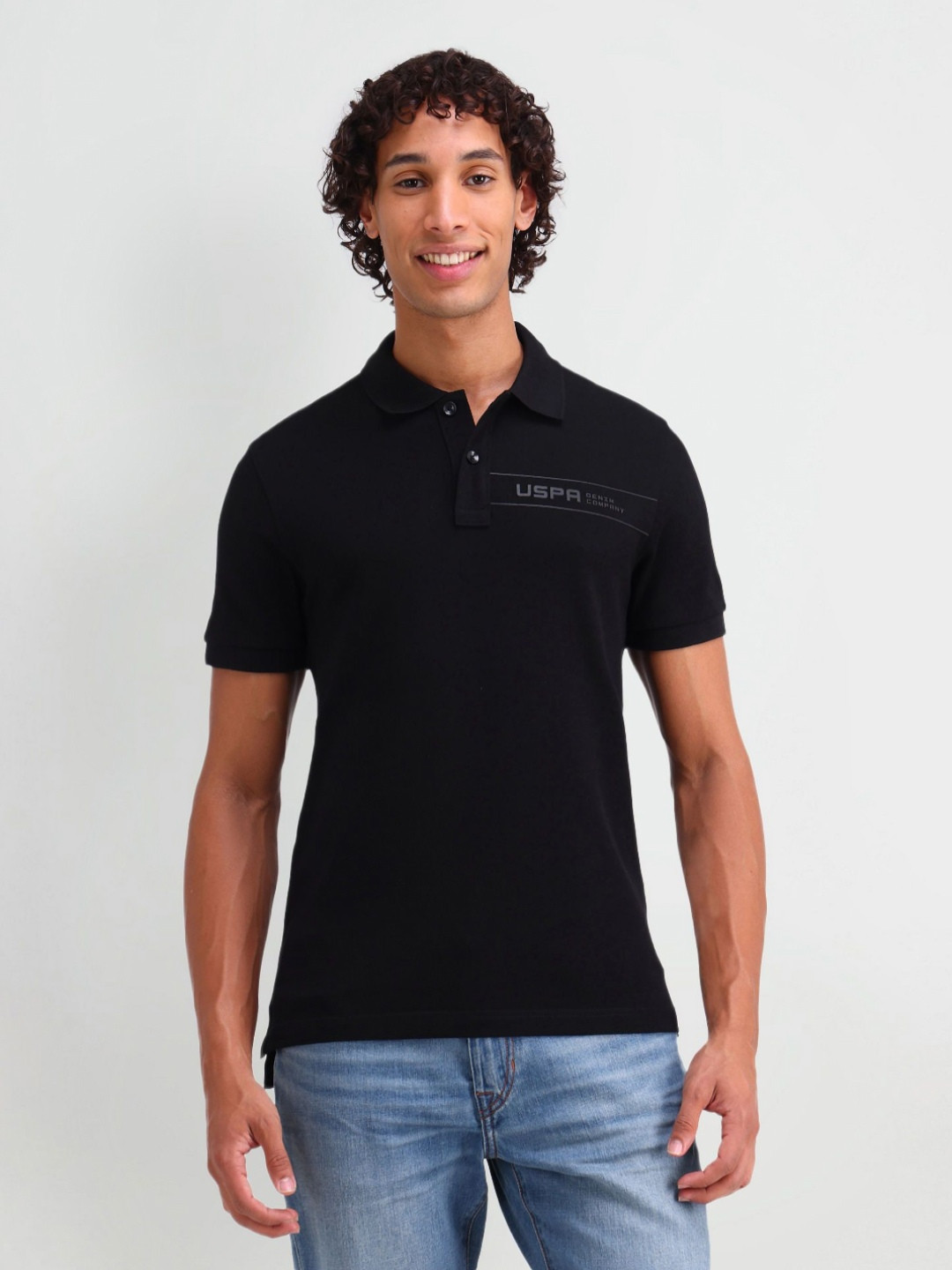 

U.S. Polo Assn. Denim Co. Men Typography Printed Polo Collar Cotton Slim Fit T-shirt, Black