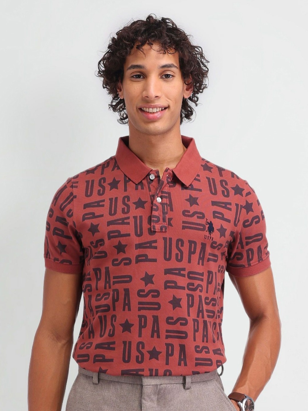 

U.S. Polo Assn. Denim Co. Men Typography Printed Polo Collar Cotton Slim Fit T-shirt, Red