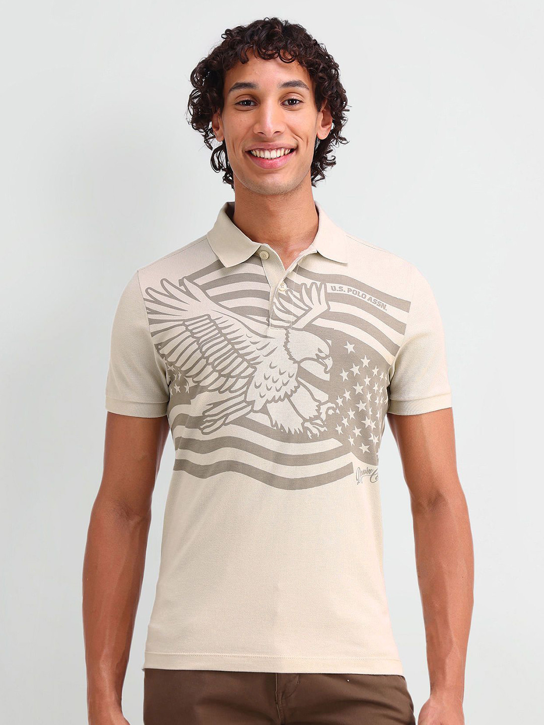 

U.S. Polo Assn. Denim Co. Men Graphic Printed Polo Collar Cotton Slim Fit T-shirt, Beige